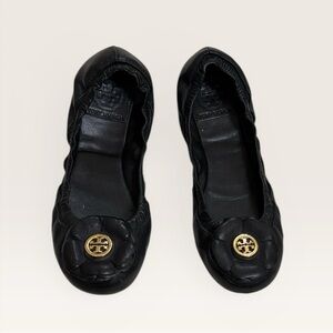 Tory Burch Shelby Ballet Flats Black Leather Gold Logo – Women’s Size 6.5 Black